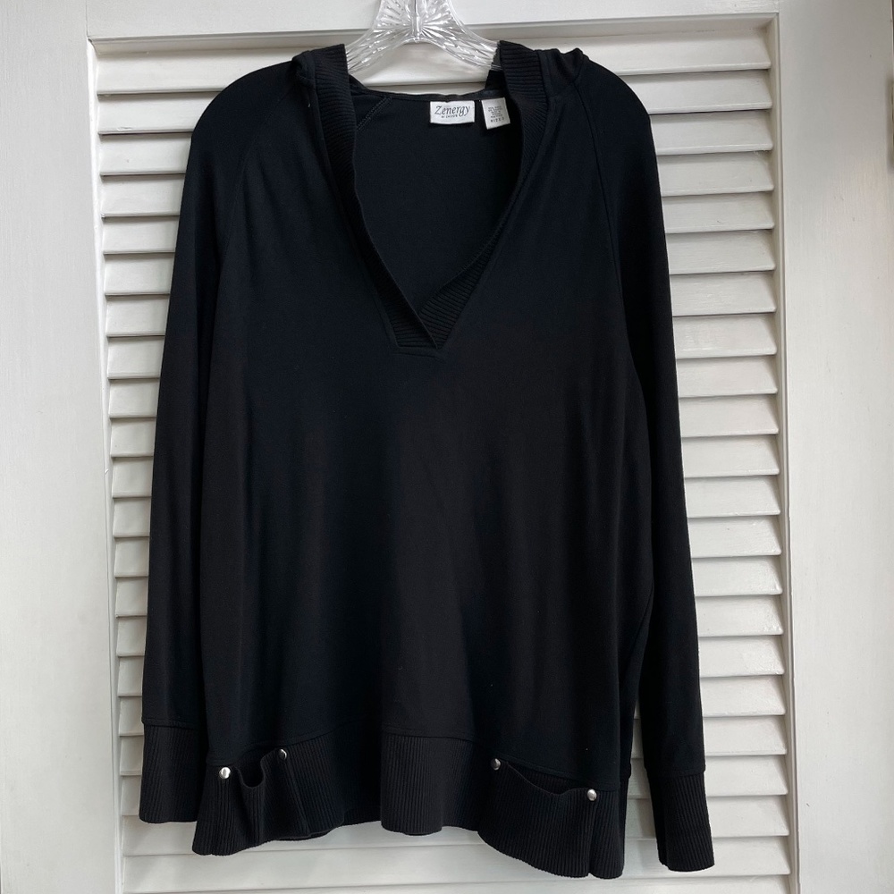 Chicos Zynergy Black Charlie Hooded Pullover, Size 2